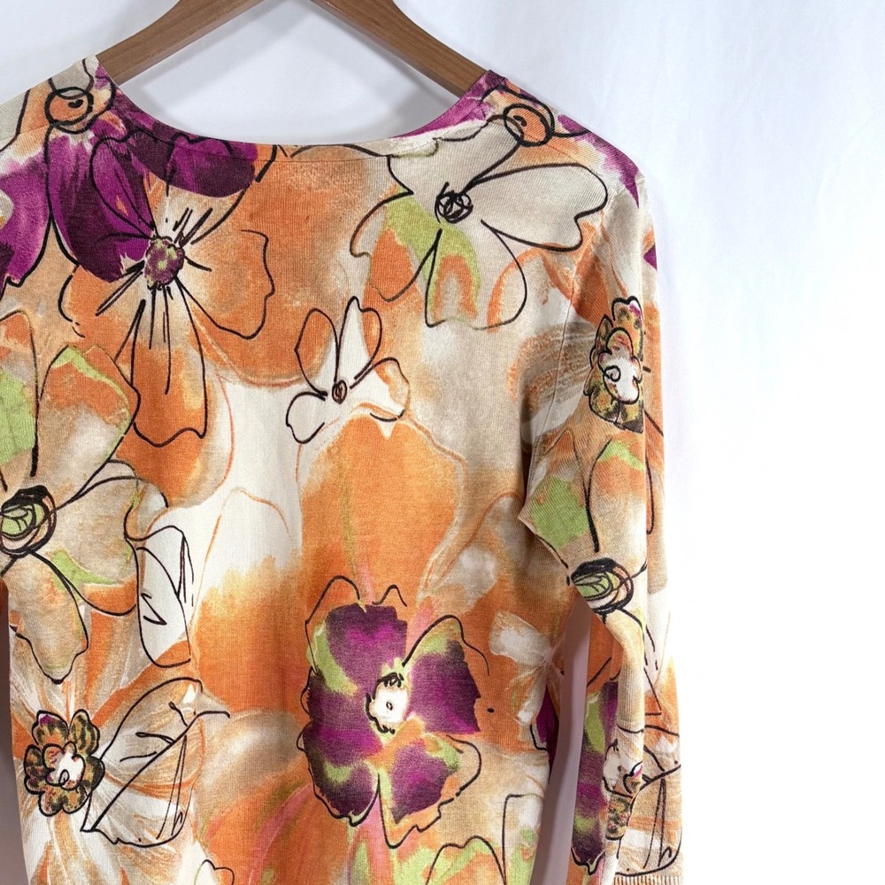Chicos Silk Blend V-Neck Floral Sweater Orange Purple Watercolor Size 1 Medium